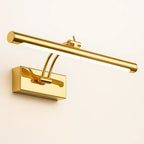Sleek cylindrical aluminum LED wall light with rectangular gold base and horizontal bar.