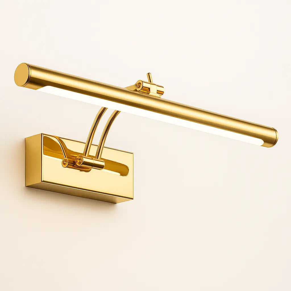Sleek cylindrical aluminum LED wall light with rectangular gold base and horizontal bar.