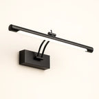 Sleek black aluminum wall light with rectangular base and horizontal cylindrical LED lamp on curved arms.