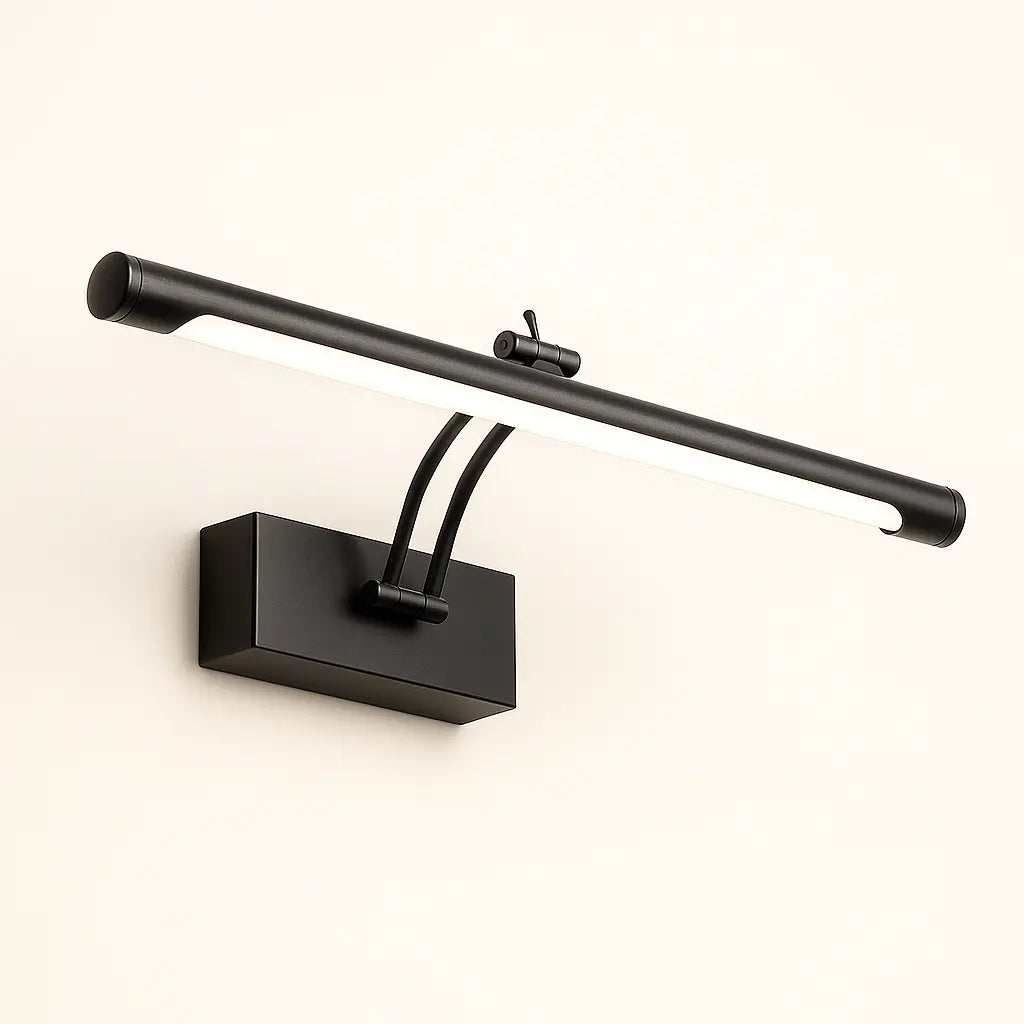 Sleek black aluminum wall light with rectangular base and horizontal cylindrical LED lamp on curved arms.