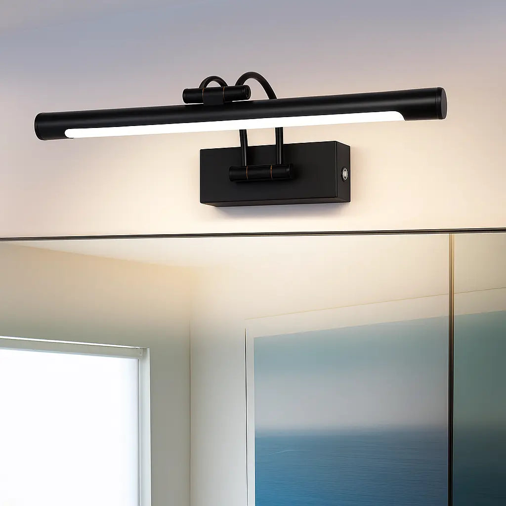 Sleek black modern aluminum LED wall light with tubular design, brightly illuminated.