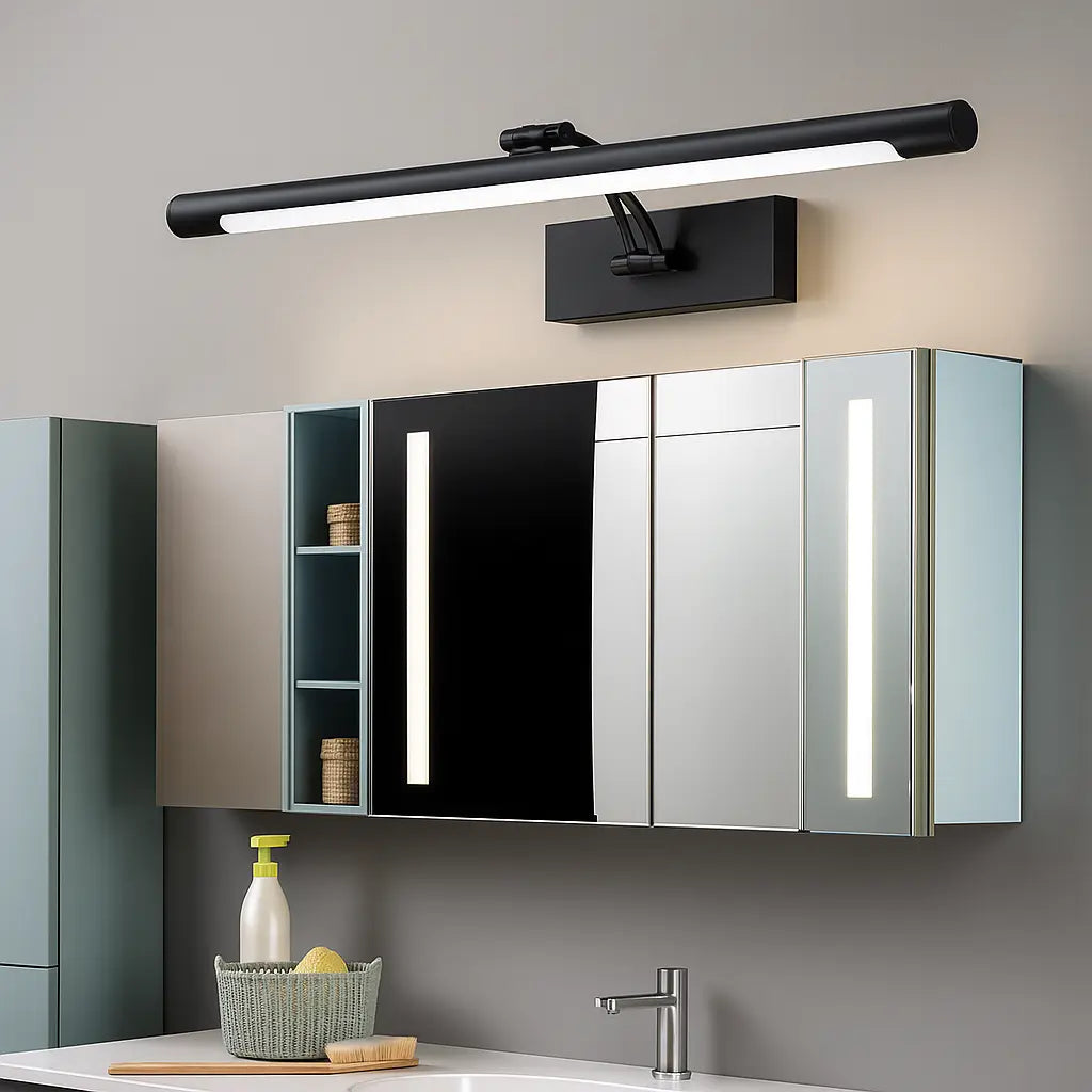 Sleek Modern Aluminum LED Bathroom Wall Light mounted above mirrored cabinet, emitting soft vertical glow.