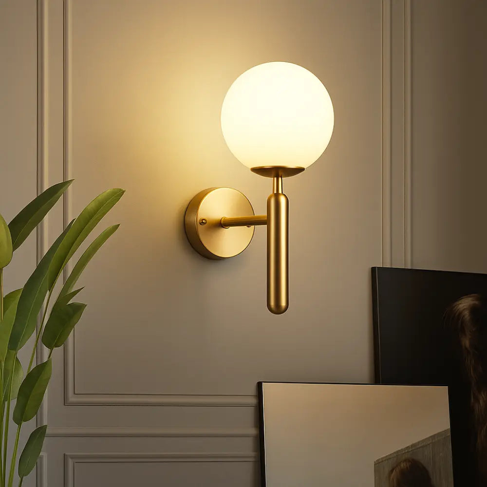 Warm glow radiates from the modern gold globe wall light, enhancing ambiance beautifully.
