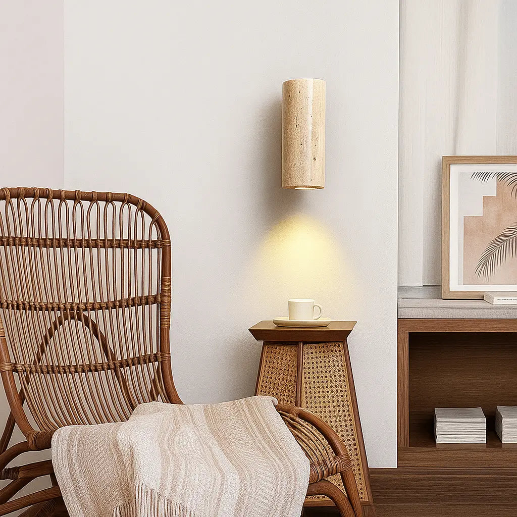 Warm, circular LED wall light brightens art, creating a tranquil, softly illuminated atmosphere.