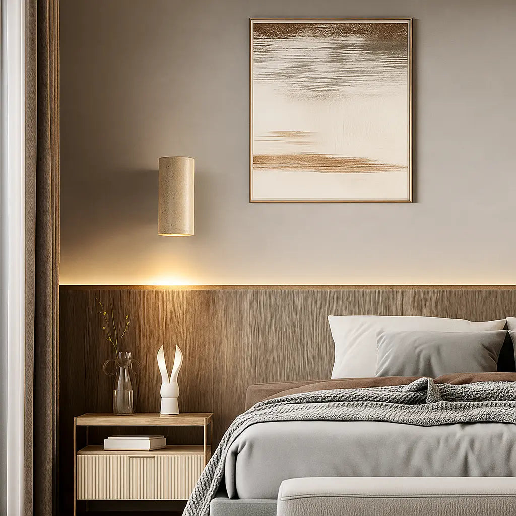 The ORLUNE HOME Round Wooden Wall Light casts a warm LED glow on artwork.