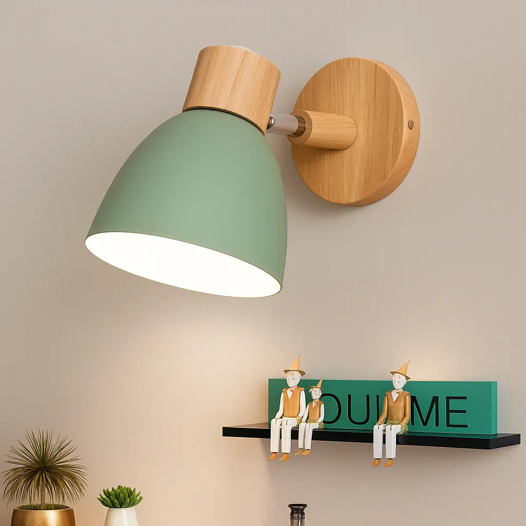 The green-shaded Nordic wall light casts a soft, inviting glow for warm ambiance.
