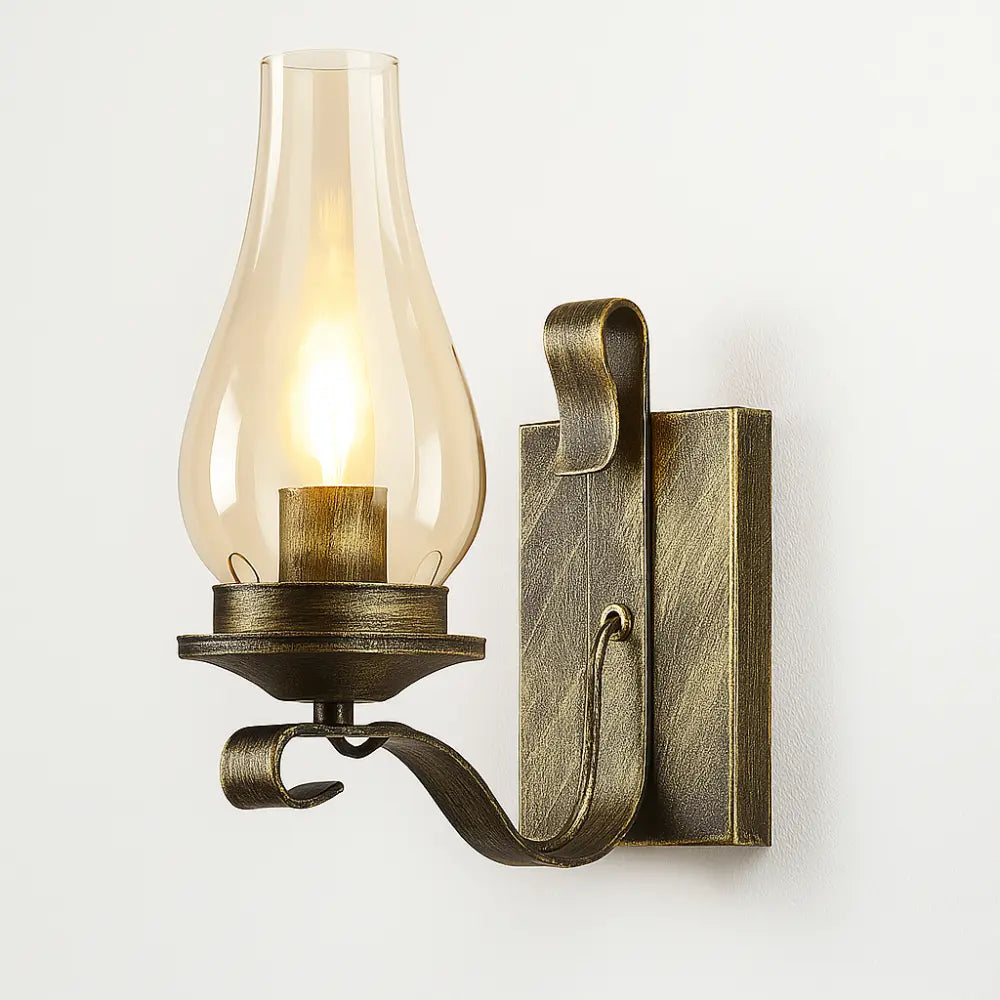 Illuminate with vintage charm: antique brass, candle-style bulb, clear chimney for warm glow.