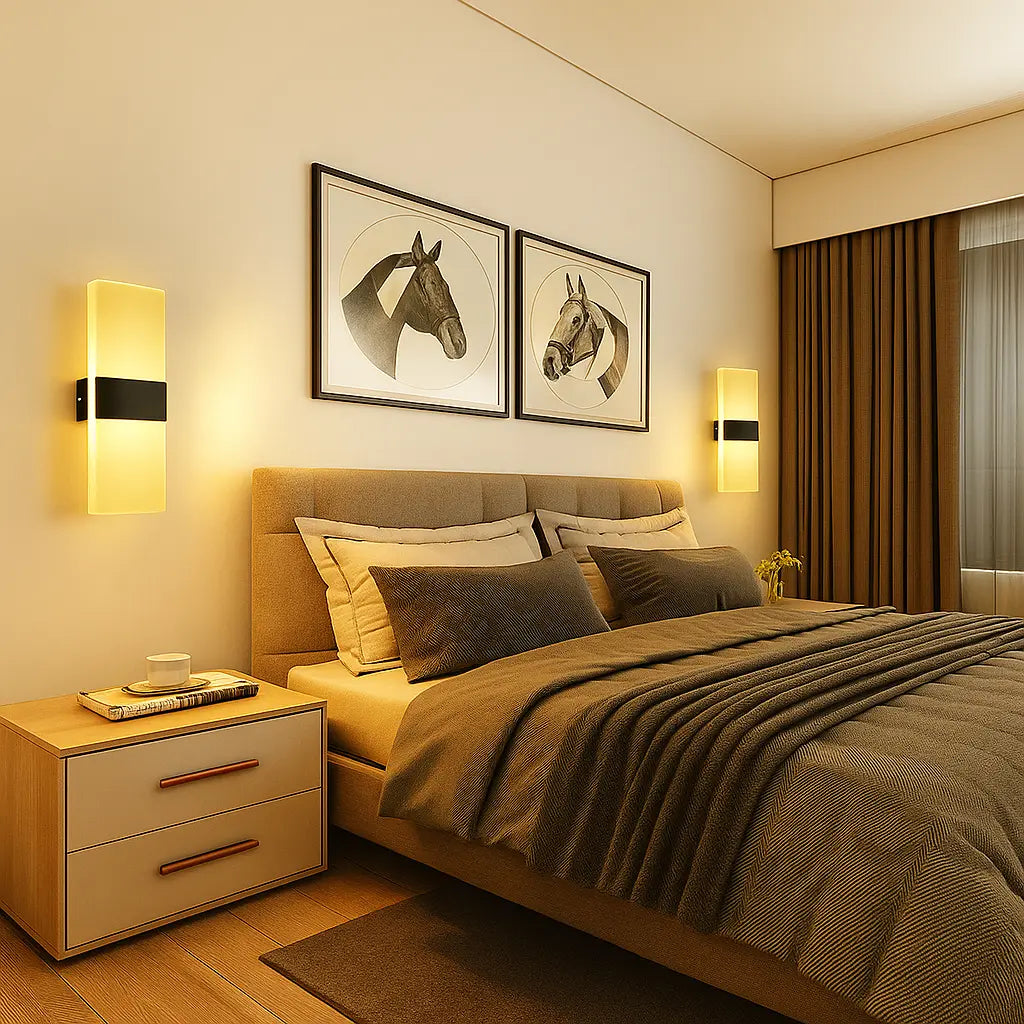 A rectangular LED wall sconce with brushed metal and acrylic accents, softly illuminated.