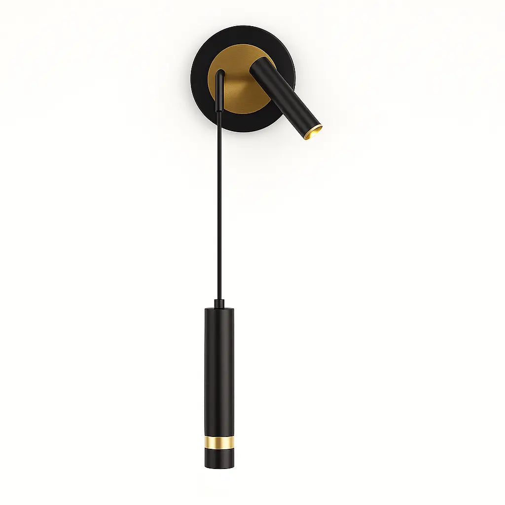 Modern black and gold cylindrical LED wall light with slim rod, elongated handle, round base.