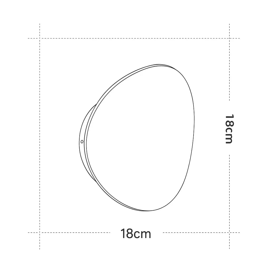 Line drawing of an irregular oval LED wall light, 18x18 cm aluminum design.
