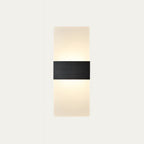 Rectangular wall sconce with frosted acrylic shade and brushed metal band, softly diffusing LED light.