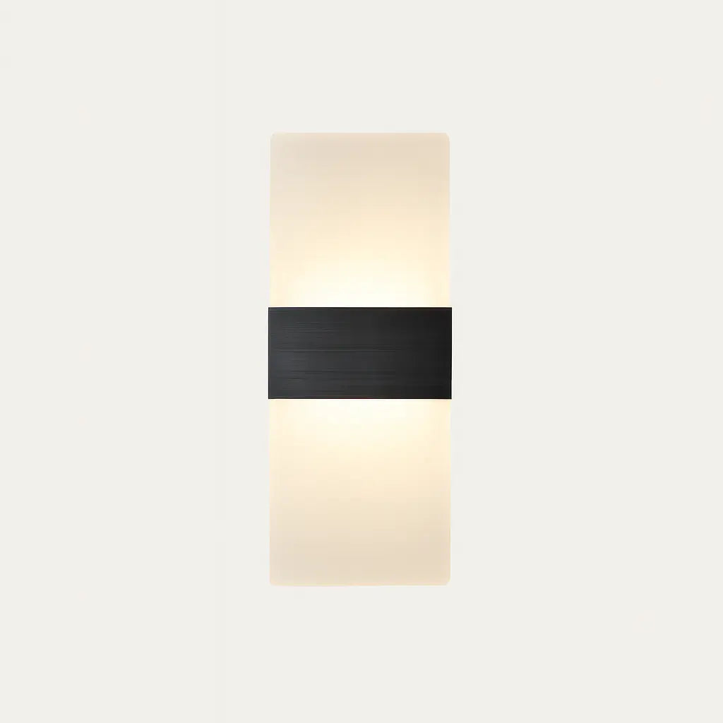 Rectangular wall sconce with frosted acrylic shade and brushed metal band, softly diffusing LED light.