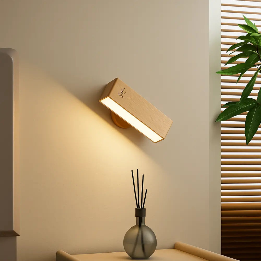 Warm LED light softly illuminates the beige wall, creating a cozy and inviting atmosphere.