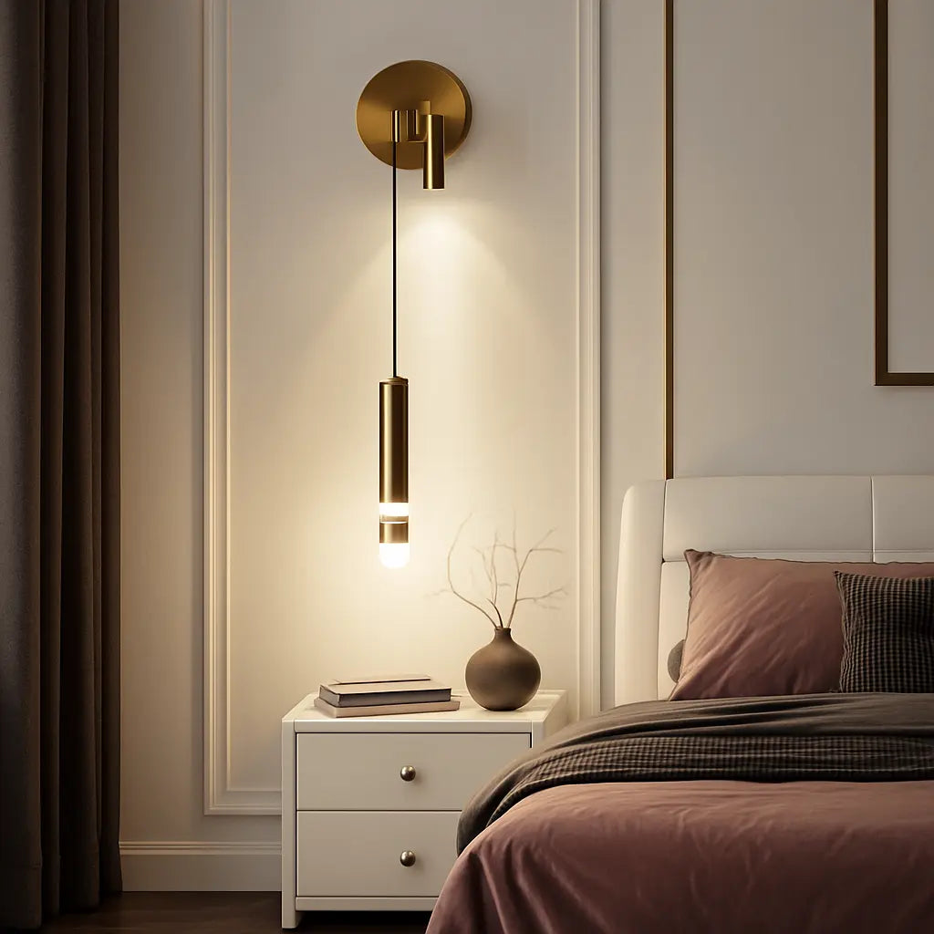 Adjustable LED cylindrical wall light in aluminum acrylic, casting warm illumination on the paneled wall.