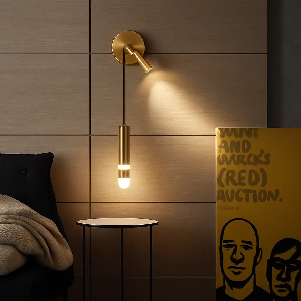 Adjustable cylindrical LED wall light, aluminum acrylic with gold finish, mounted on wood paneling.