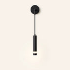 Minimalist black cylindrical LED wall sconce with acrylic, single rod and circular base.