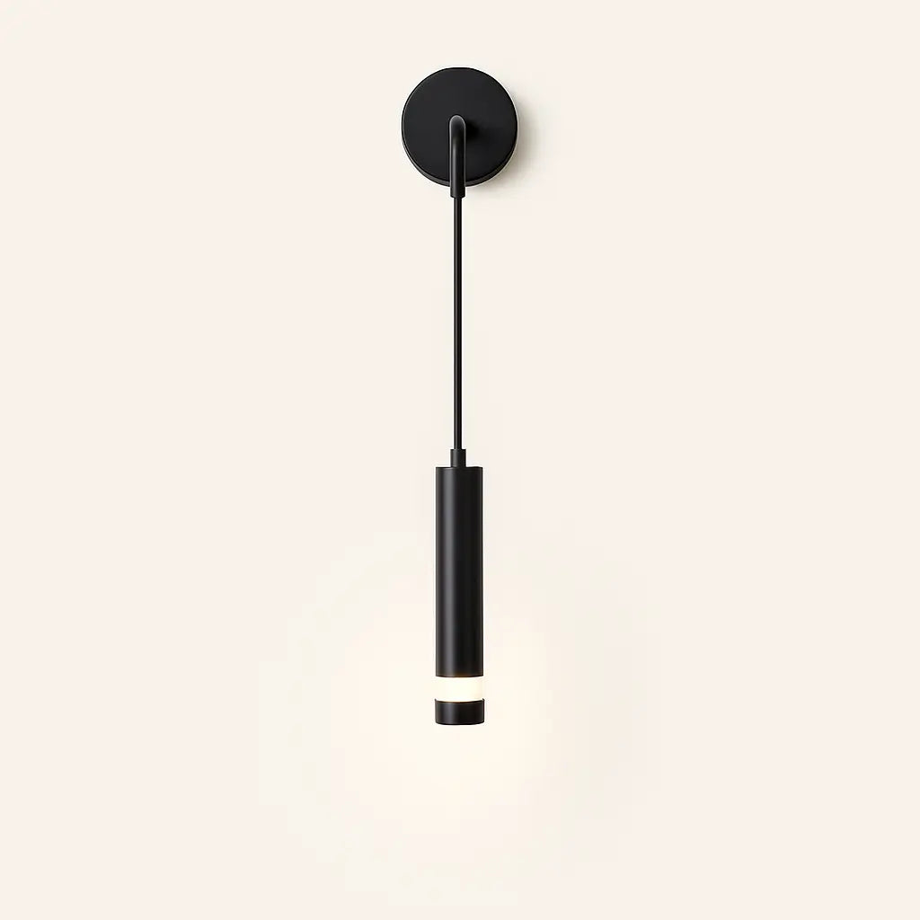 Minimalist black cylindrical LED wall sconce with acrylic, single rod and circular base.