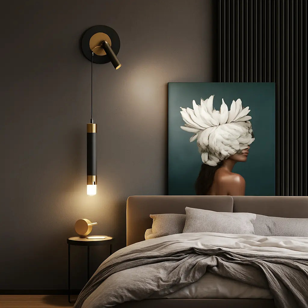 Adjustable LED Wall Light, cylindrical aluminum with acrylic accents, mounted on the wall.