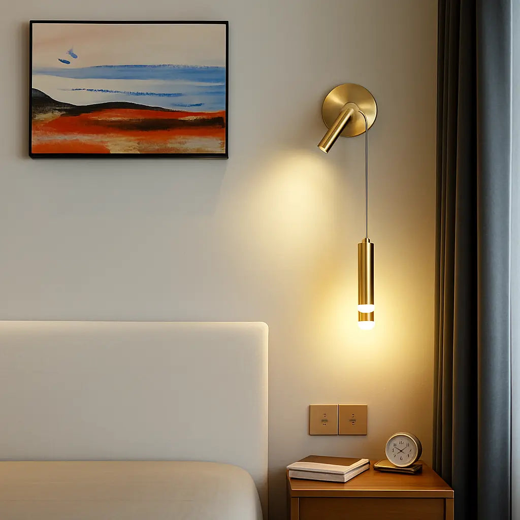Adjustable cylindrical LED wall light made of aluminum and acrylic, softly glowing on the wall.