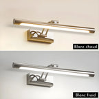 Two sleek metallic LED wall sconces; top emits warm white, bottom cool white light.