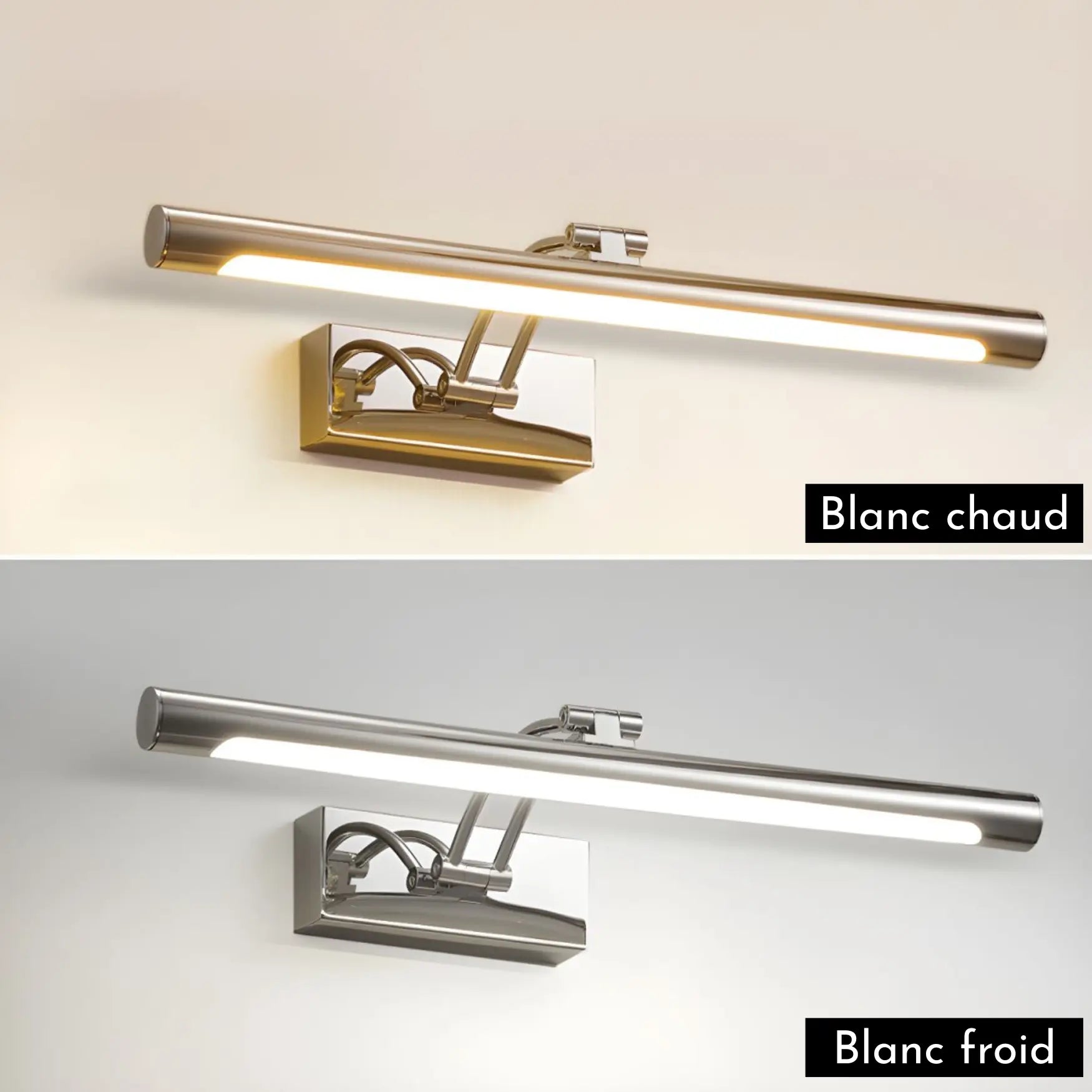 Two sleek metallic LED wall sconces; top emits warm white, bottom cool white light.