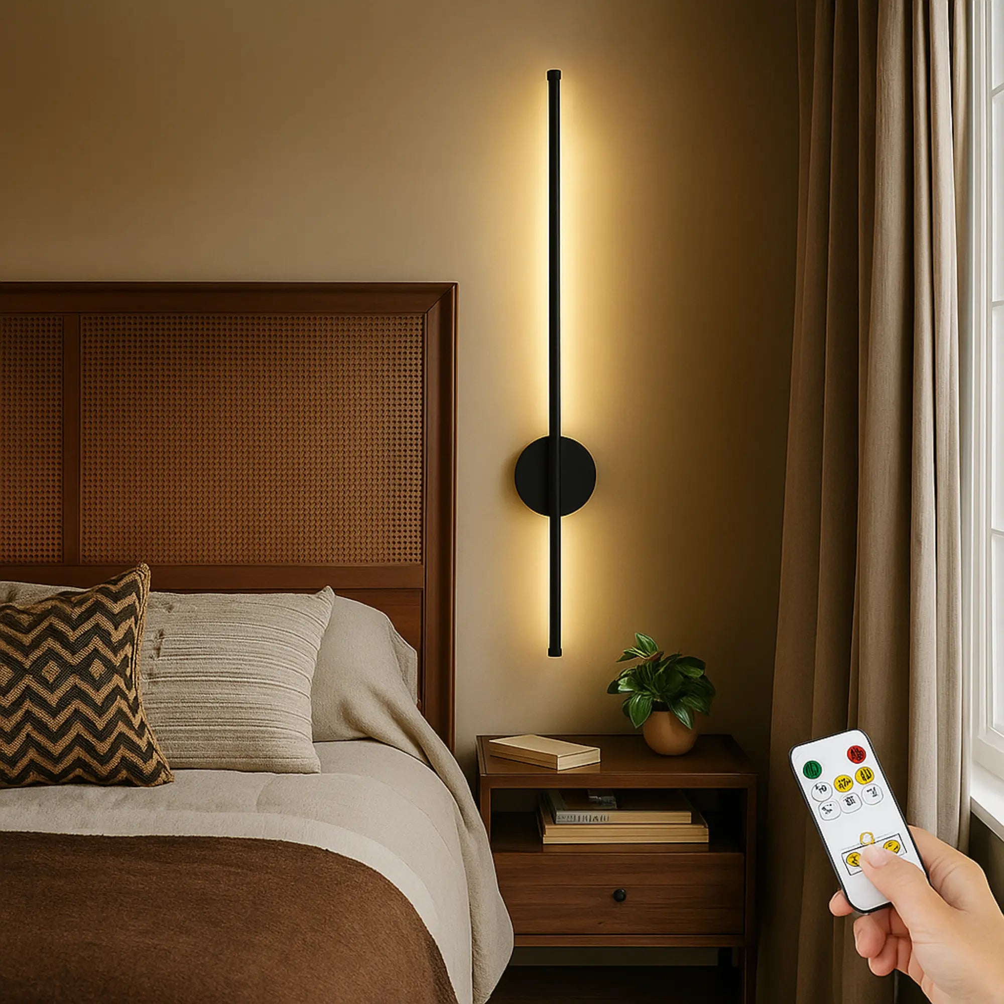 A hand points a remote at the Adjustable Black Gold LED Wall Light, glowing warmly.