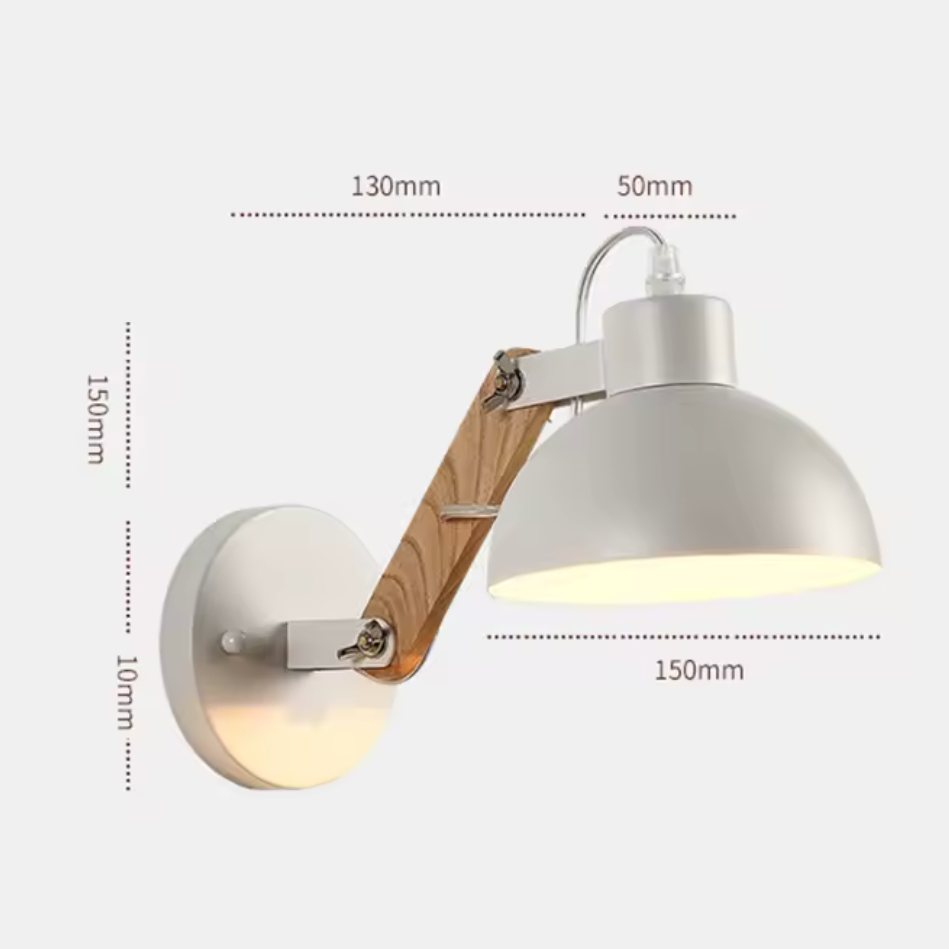 LED-compatible wall light with wooden adjustable arm, white metal shade; detailed dimensions listed.