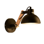 Adjustable wall light with wooden and metal shade, black base and arm, exposed hardware.