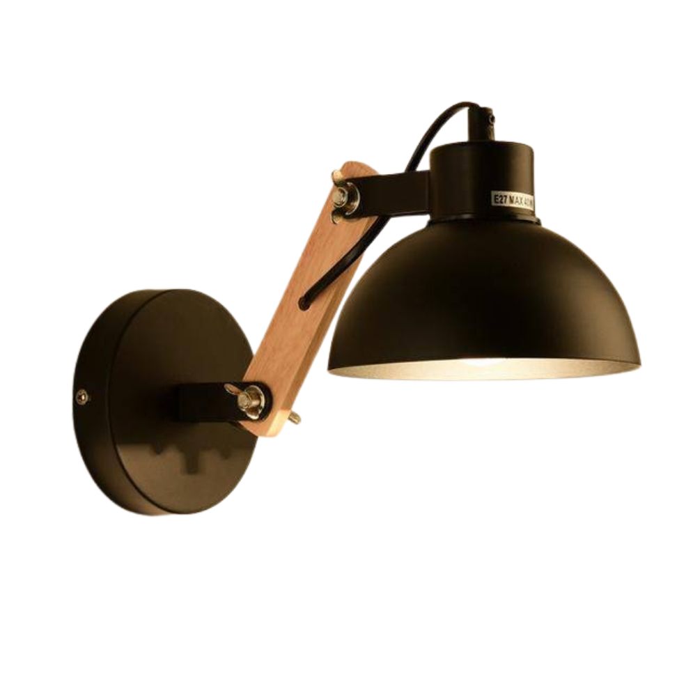 Adjustable wall light with wooden and metal shade, black base and arm, exposed hardware.