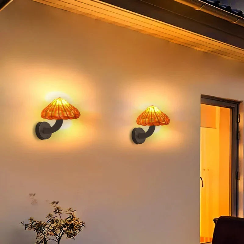 ORLUNE HOME wall lights cast a welcoming glow at dusk, illuminating the entryway.