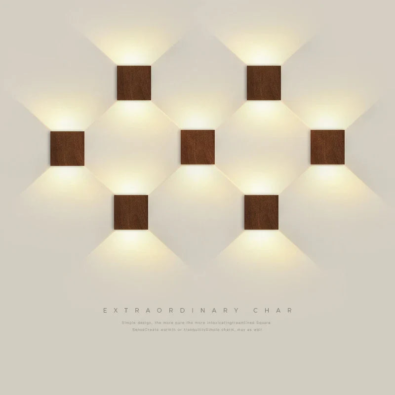 Nordic wooden LED wall lights create clean, geometric beams in a striking arrangement.