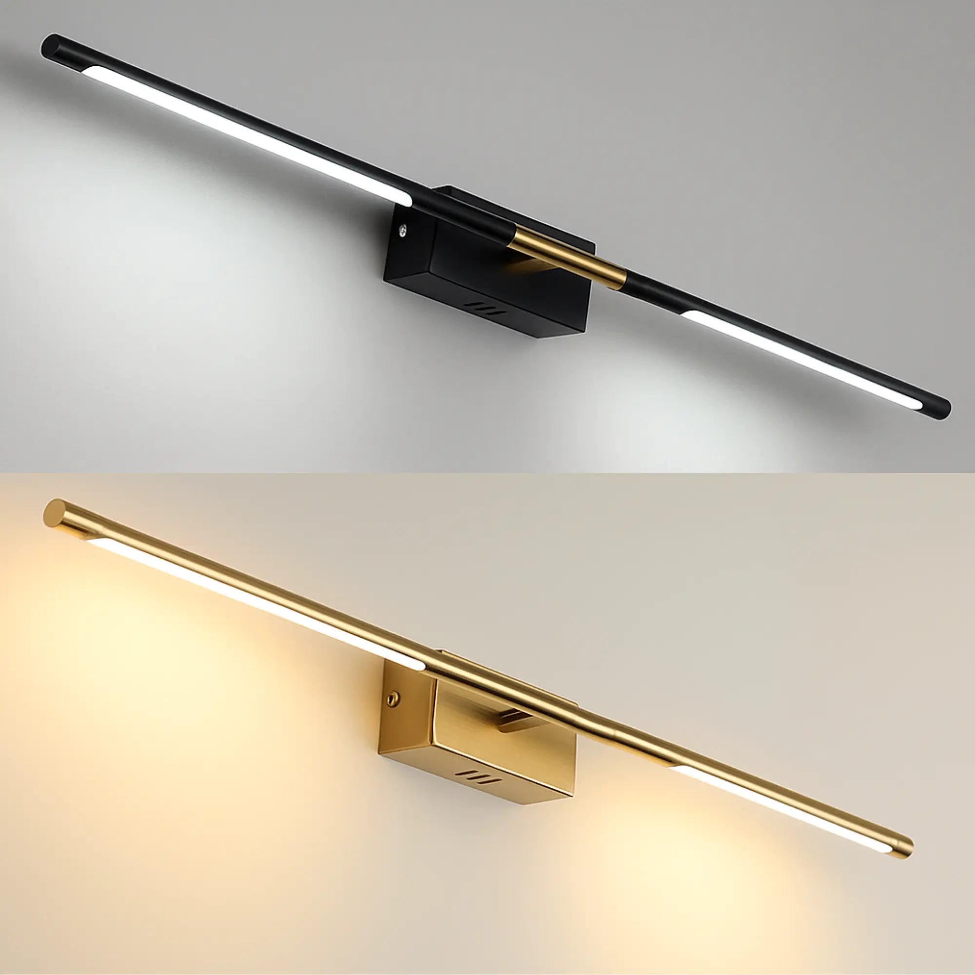 Deux luminaires noirs et dorés LED, lumière froide en haut, chaude en bas.