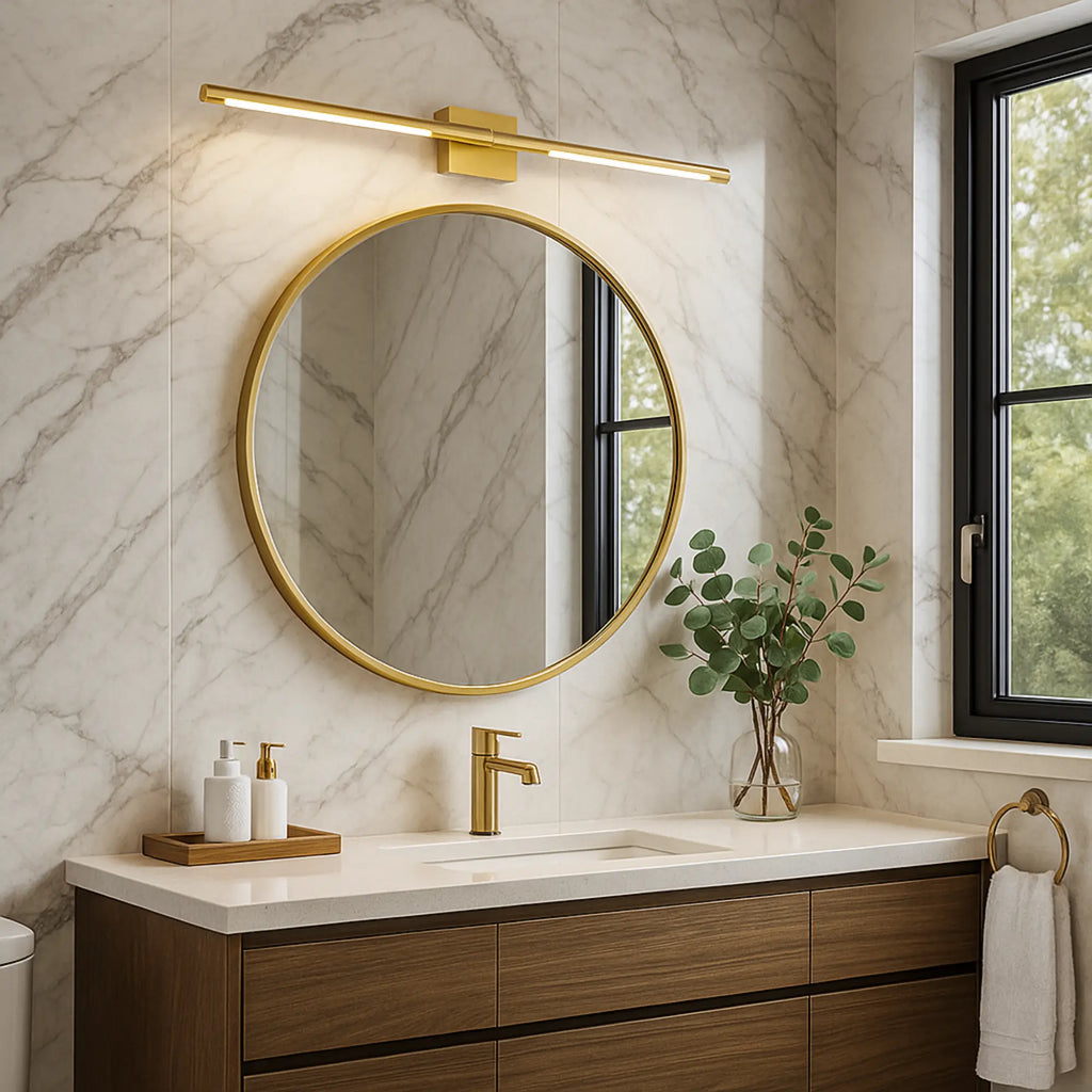 LUMINAIRE MAISON Applique murale LED noire et dorée, élégante au-dessus d'un miroir.