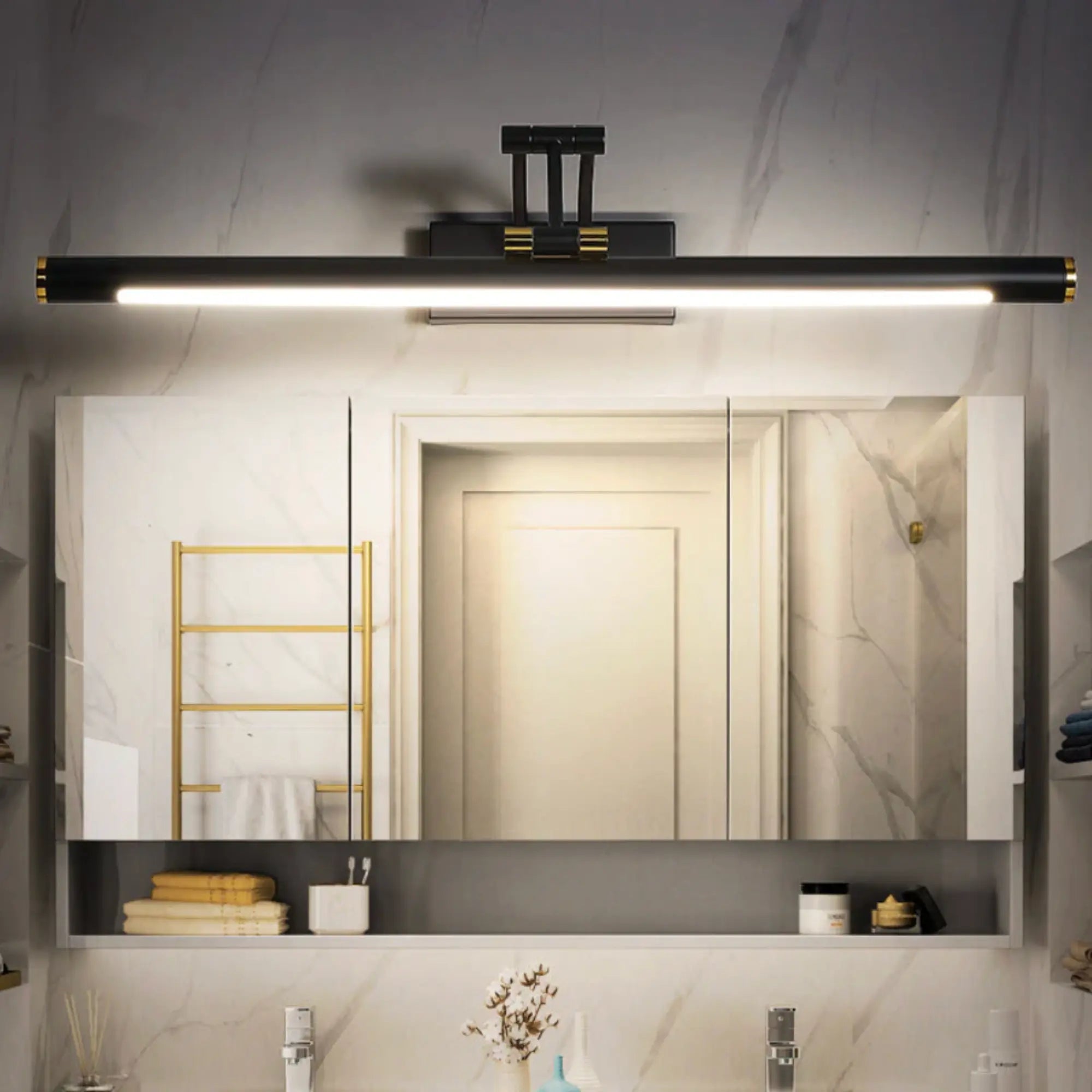 Luminaire mural LED design moderne IP44, élégant et lumineux, fixé au-dessus du miroir.