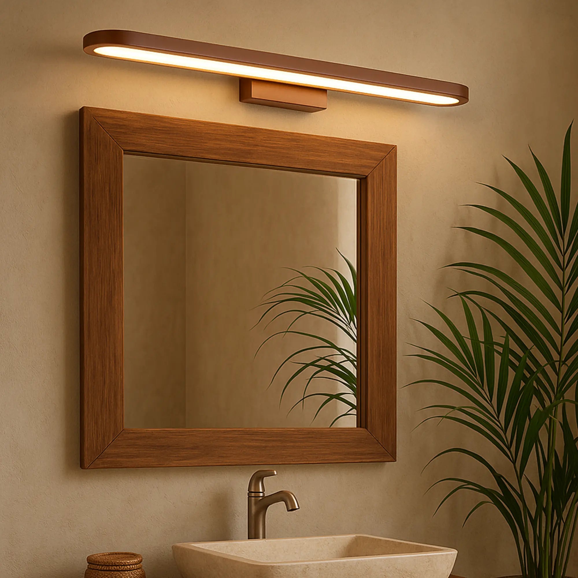 Luminaire mural LED marron moderne fin, design épuré, monté au-dessus d'un miroir.