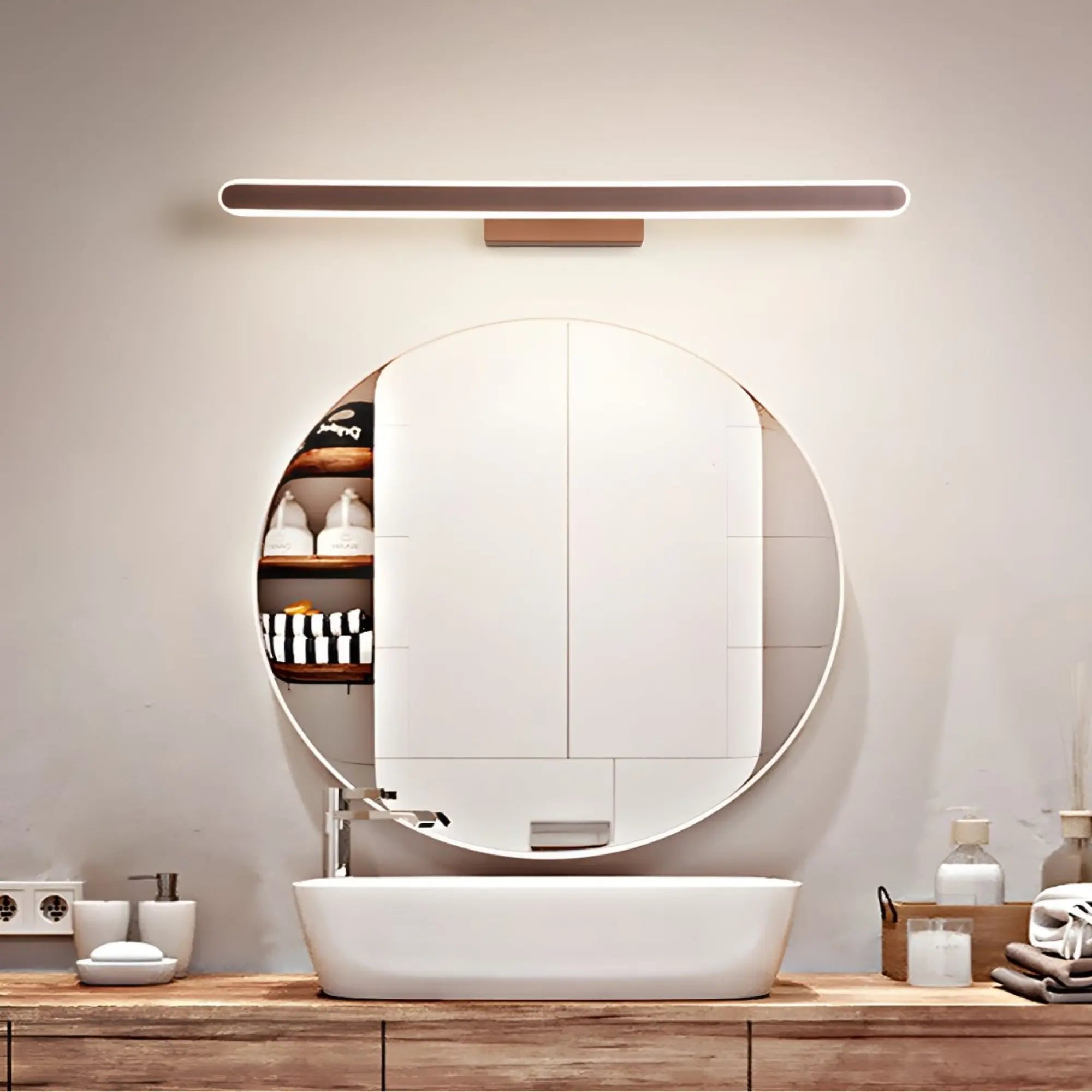 Applique murale LED contemporaine marron au-dessus du miroir, design épuré lumineux.