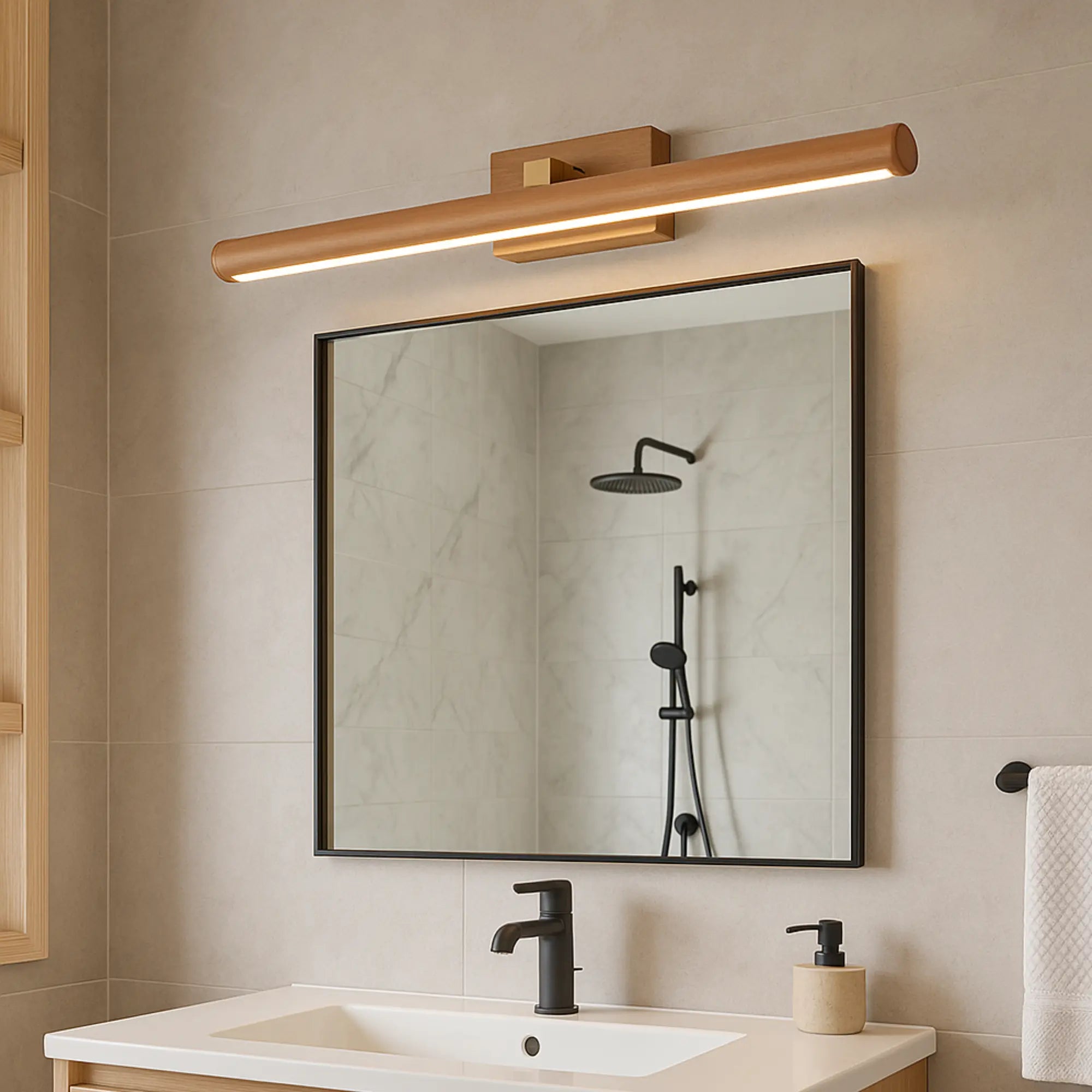 Applique murale LED rotative en bois clair offrant un éclairage doux et modulable.