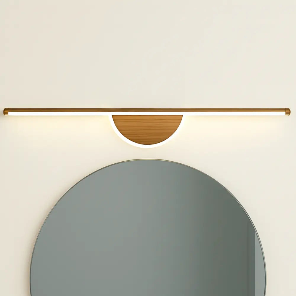 Applique murale LED moderne, tube doré élégant, fixation bois demi-cercle pour salle de bain.