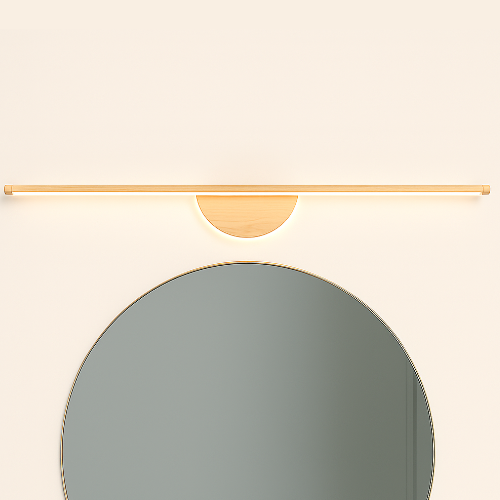 Applique murale LED moderne en bois, élégante et lumineuse, installée au-dessus d'un miroir.