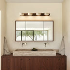 Applique murale LED en bois clair travertin au design minimaliste pour salle de bain.