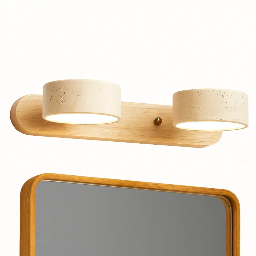 Applique murale LED bois clair, deux cylindres beiges, design minimaliste, lumière douce.
