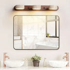 The Japanese Style Minimalist LED Wooden Wall Light creates a warm, modern bathroom ambiance.