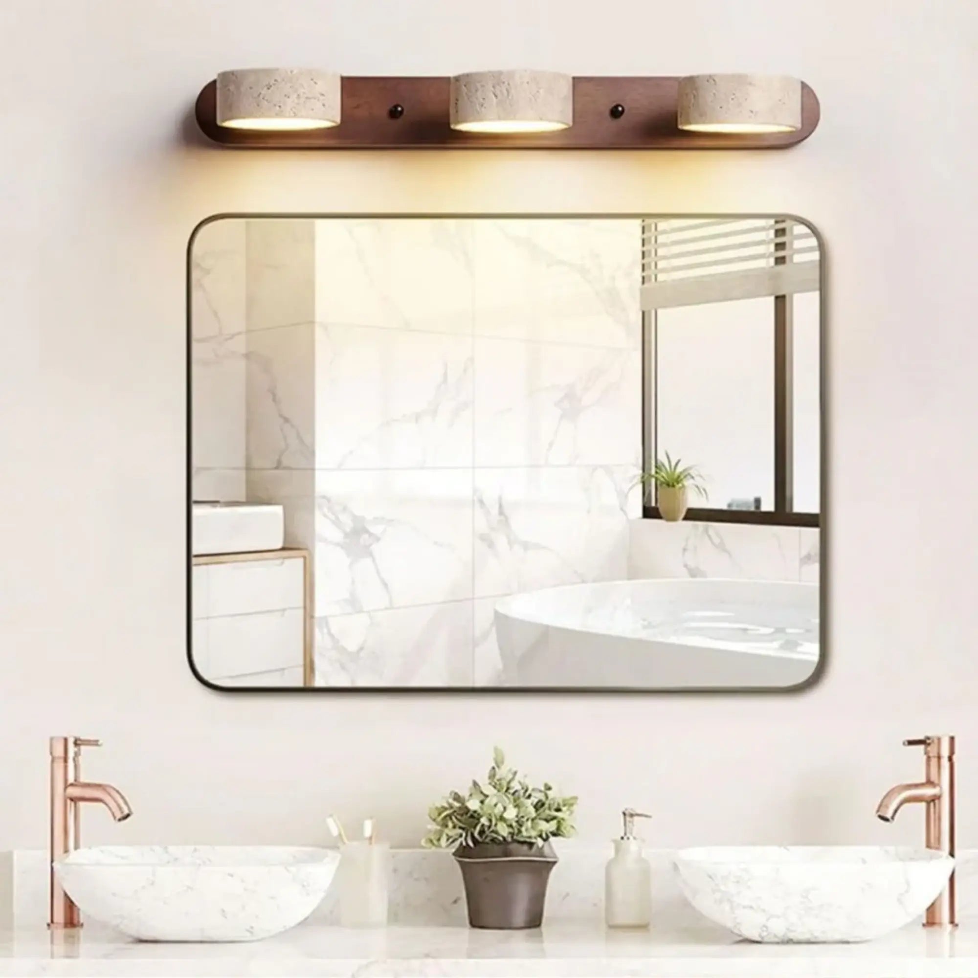 The Japanese Style Minimalist LED Wooden Wall Light creates a warm, modern bathroom ambiance.
