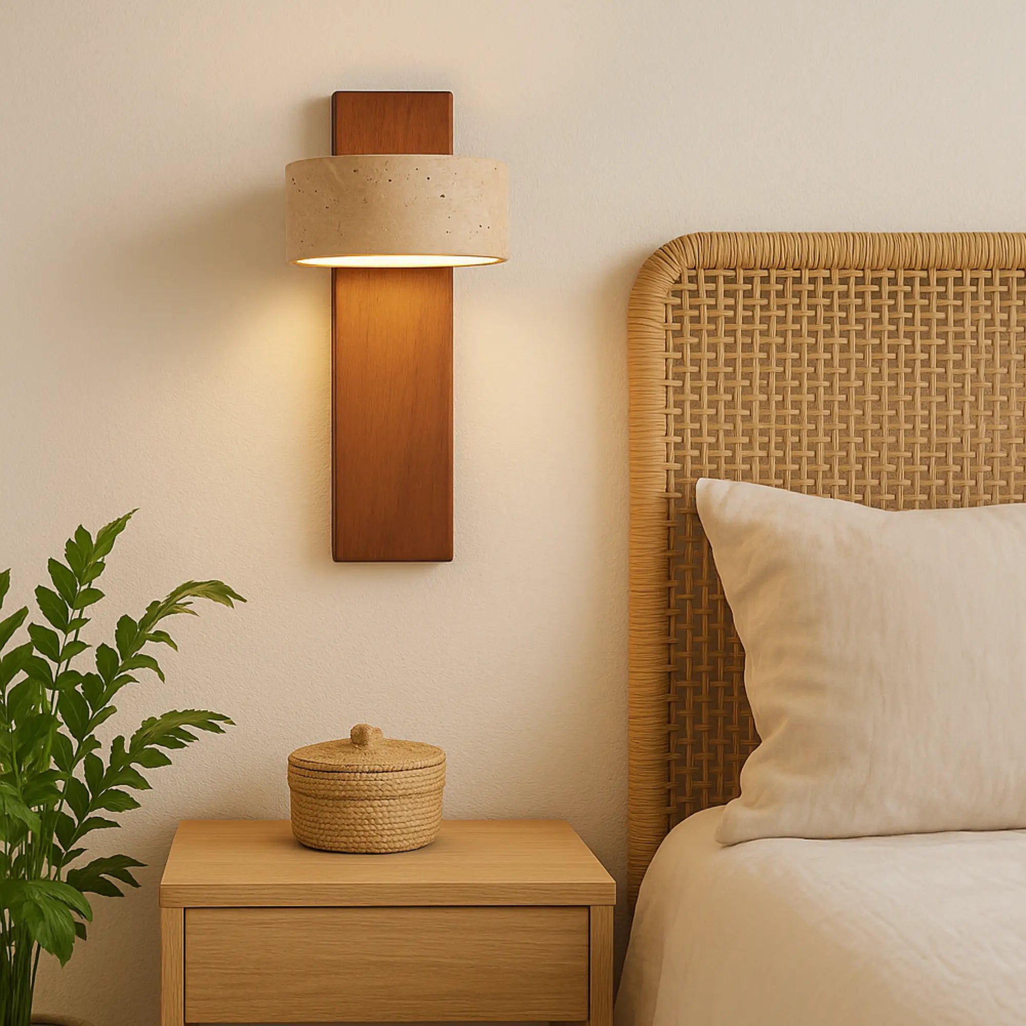 Warm light from the ORLUNE HOME Japanese Style LED Wall Sconce softly illuminates the space.