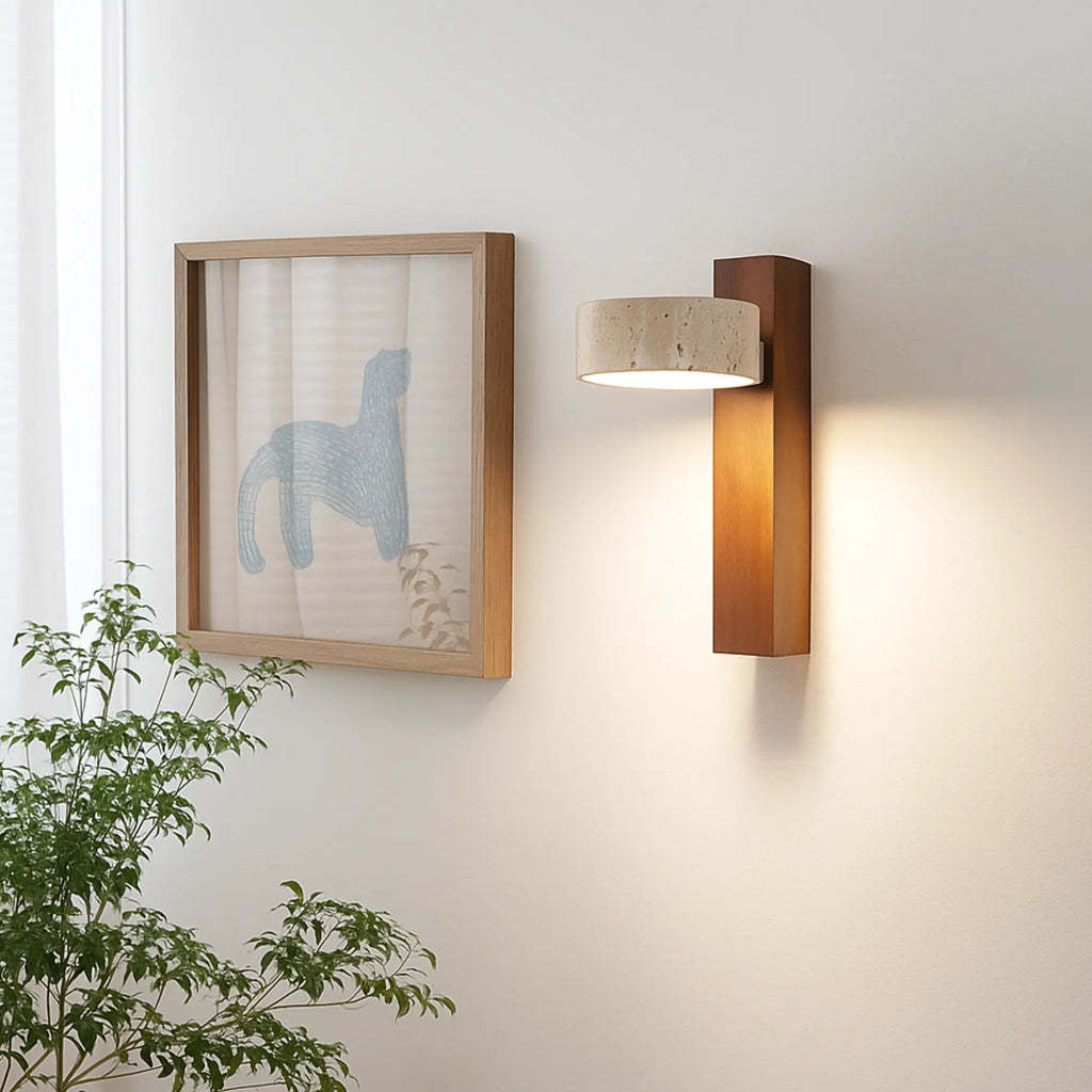Soft Japanese LED sconce glows warmly, casting gentle illumination across the white wall.