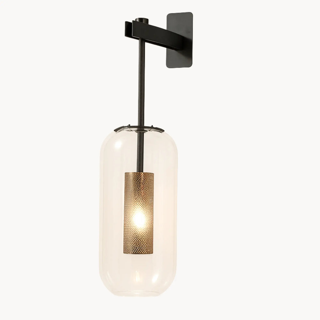 Sleek black wall light casts refined glow through glass and perforated metal diffuser.