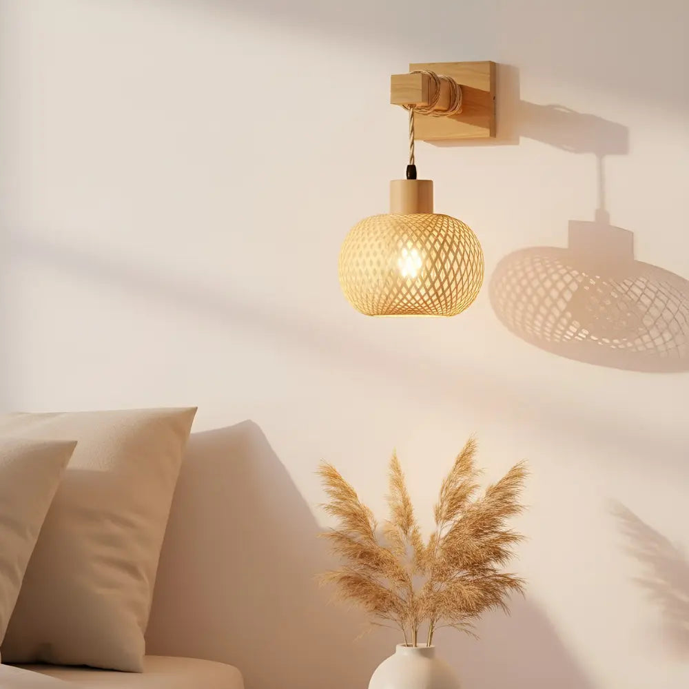 Warm rattan-style wall light casts inviting illumination and decorative shadows on a white wall.
