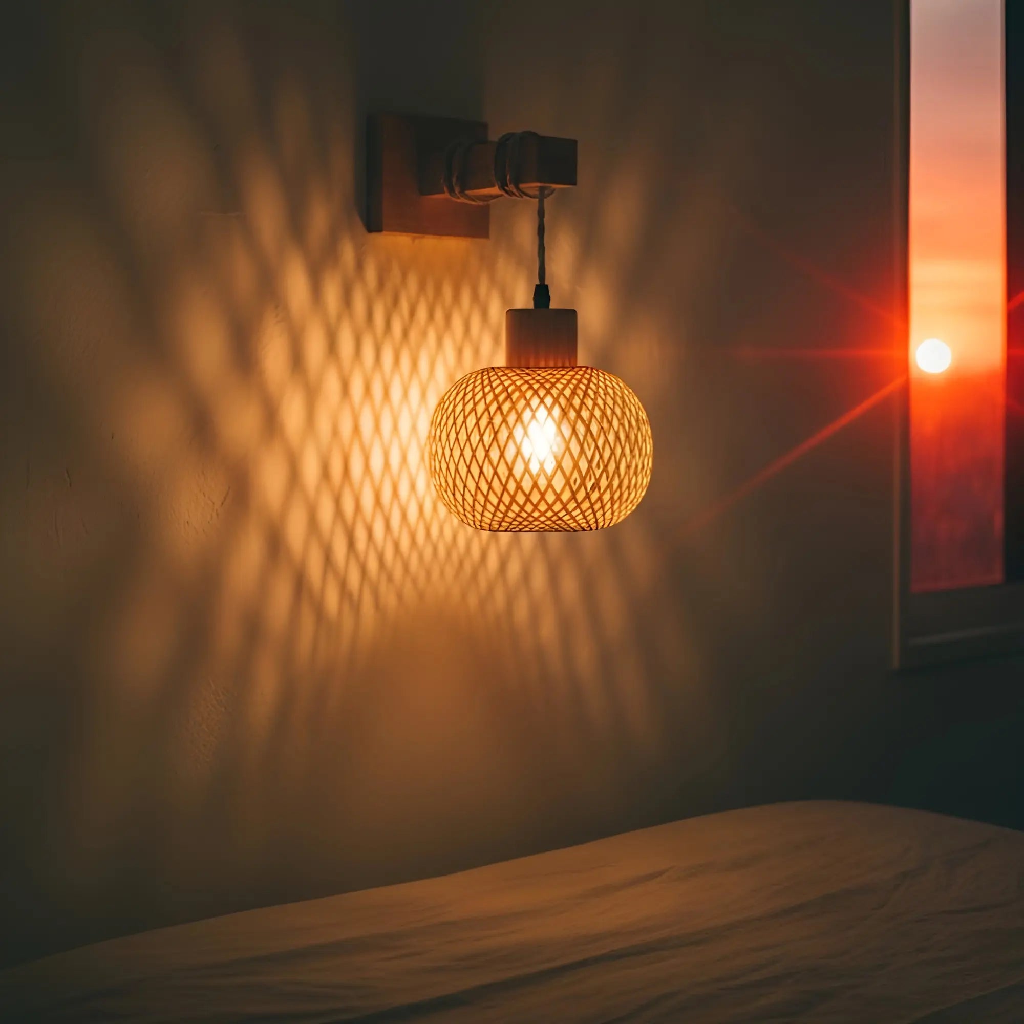 Warm sunset rays blend with rattan patterns, creating a soothing, decorative lighting atmosphere.