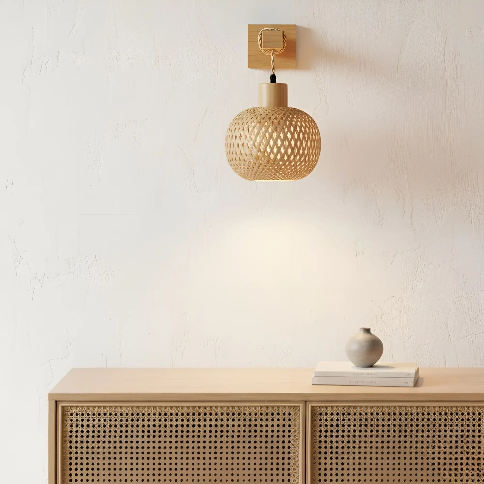 The ORLUNE HOME Natural Rattan Style Wooden Wall Light casts a warm, inviting glow.
