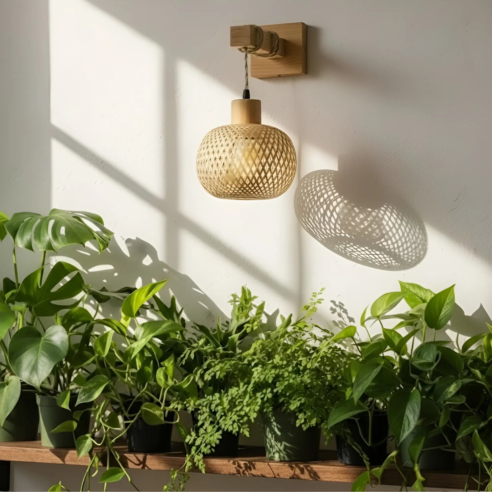 Natural rattan wall light creates patterned shadows on the wall, beautifully illuminated by sunlight.